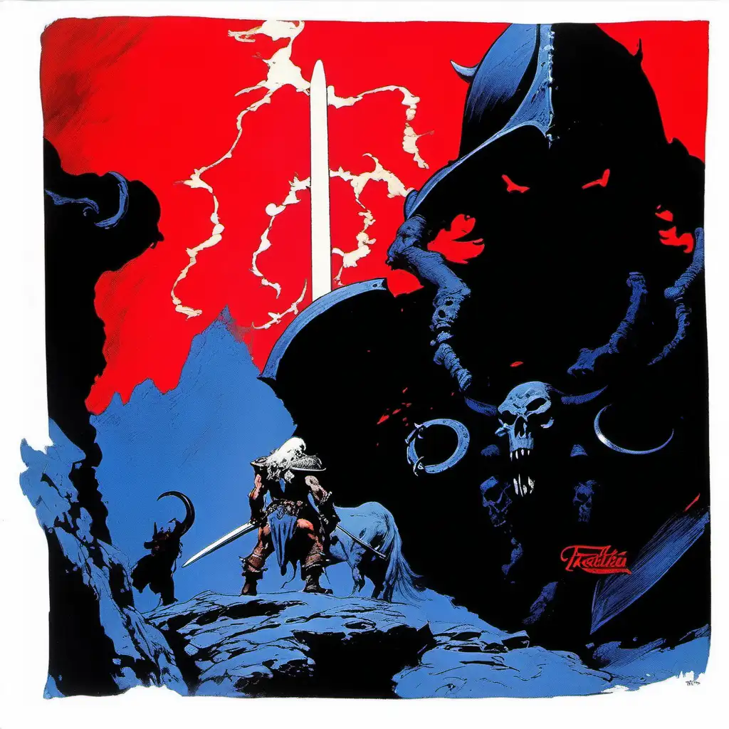 frank frazetta death dealer posterize red black blue white 3 color design poster