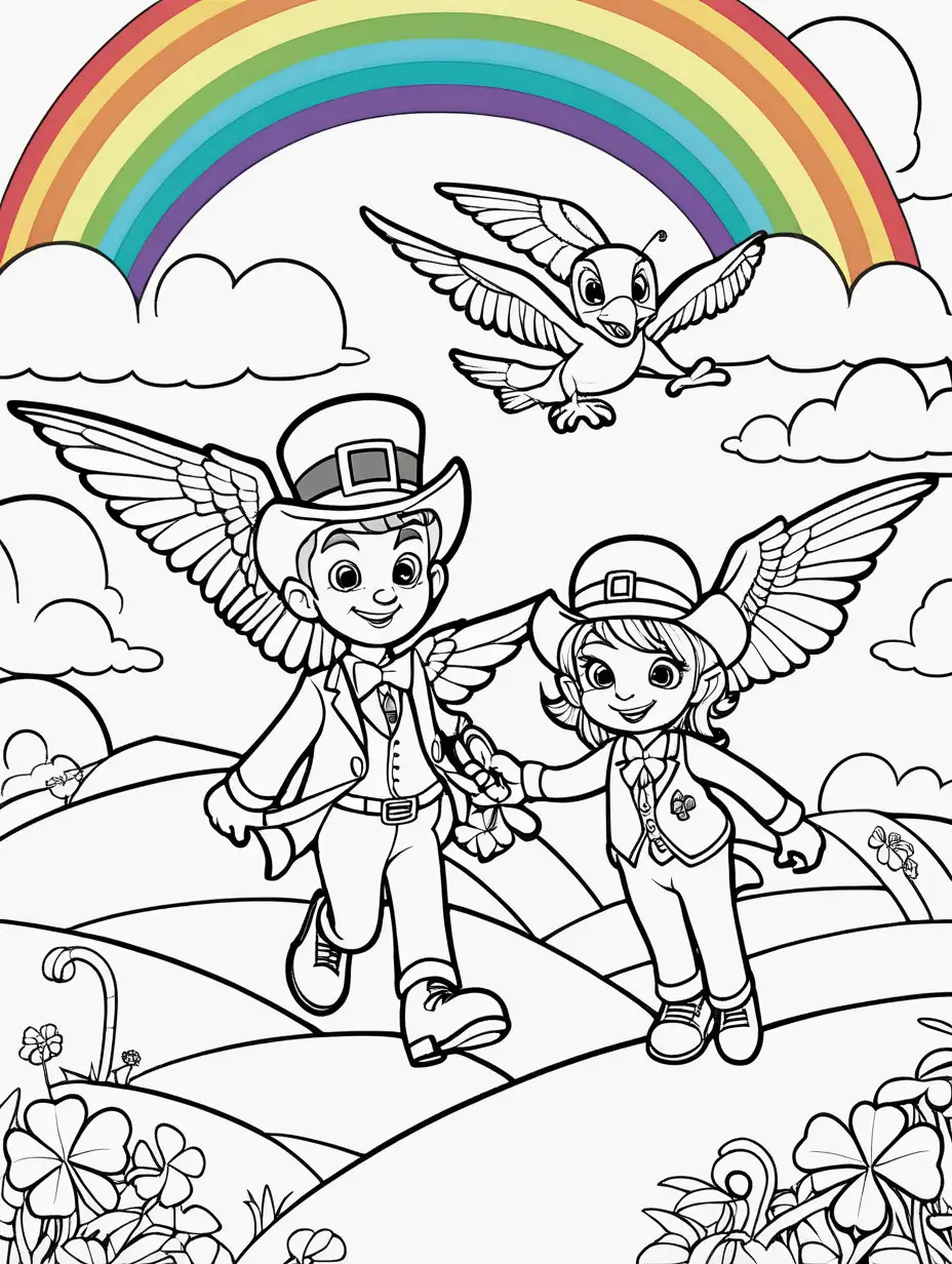 Adventurous Leprechaun Kids Riding a Pterodactyl Through a Vibrant Rainbow