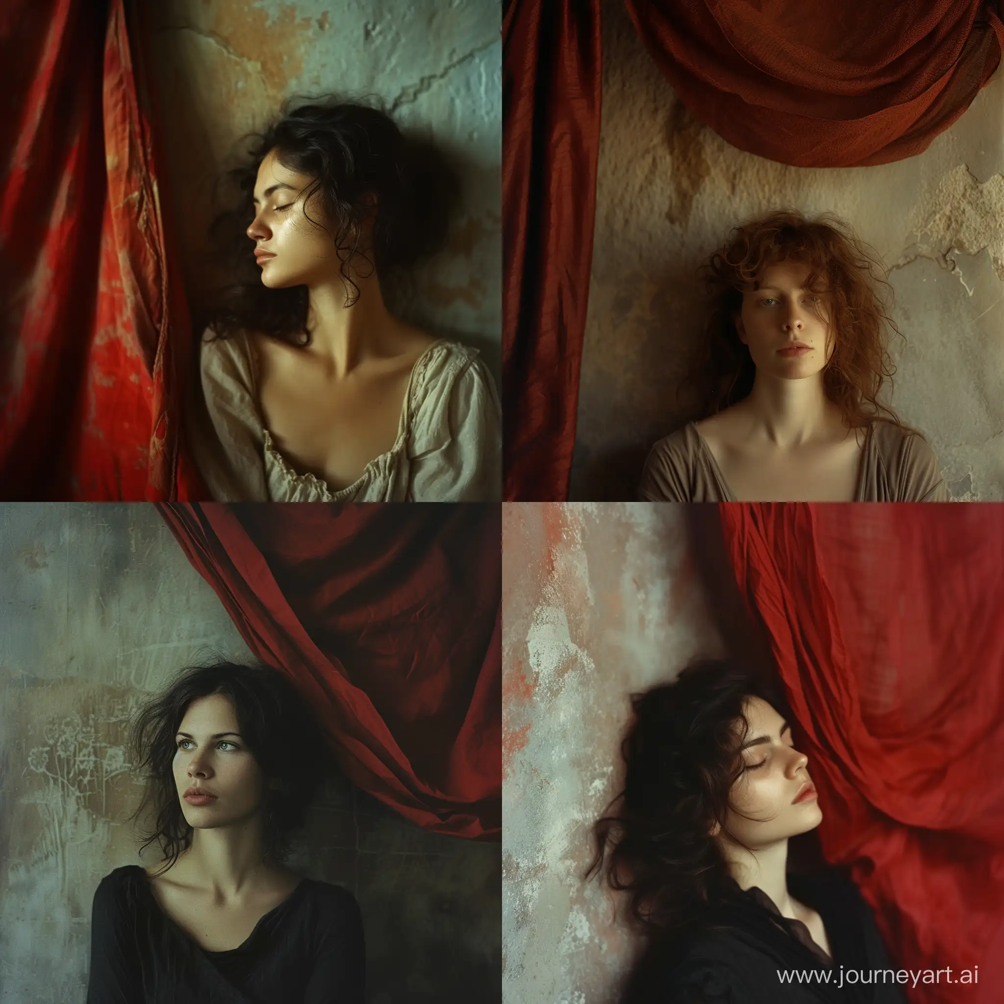 photographic portrait of a 40 years old, Italian woman, peaceful and relaxed expression, vivid  eye contact, wavy hair, leaning against an earth-colored wall with a red drape hanging from the ceiling, Shot with Kodak Portra 160::2 by Katia Chausheva::2