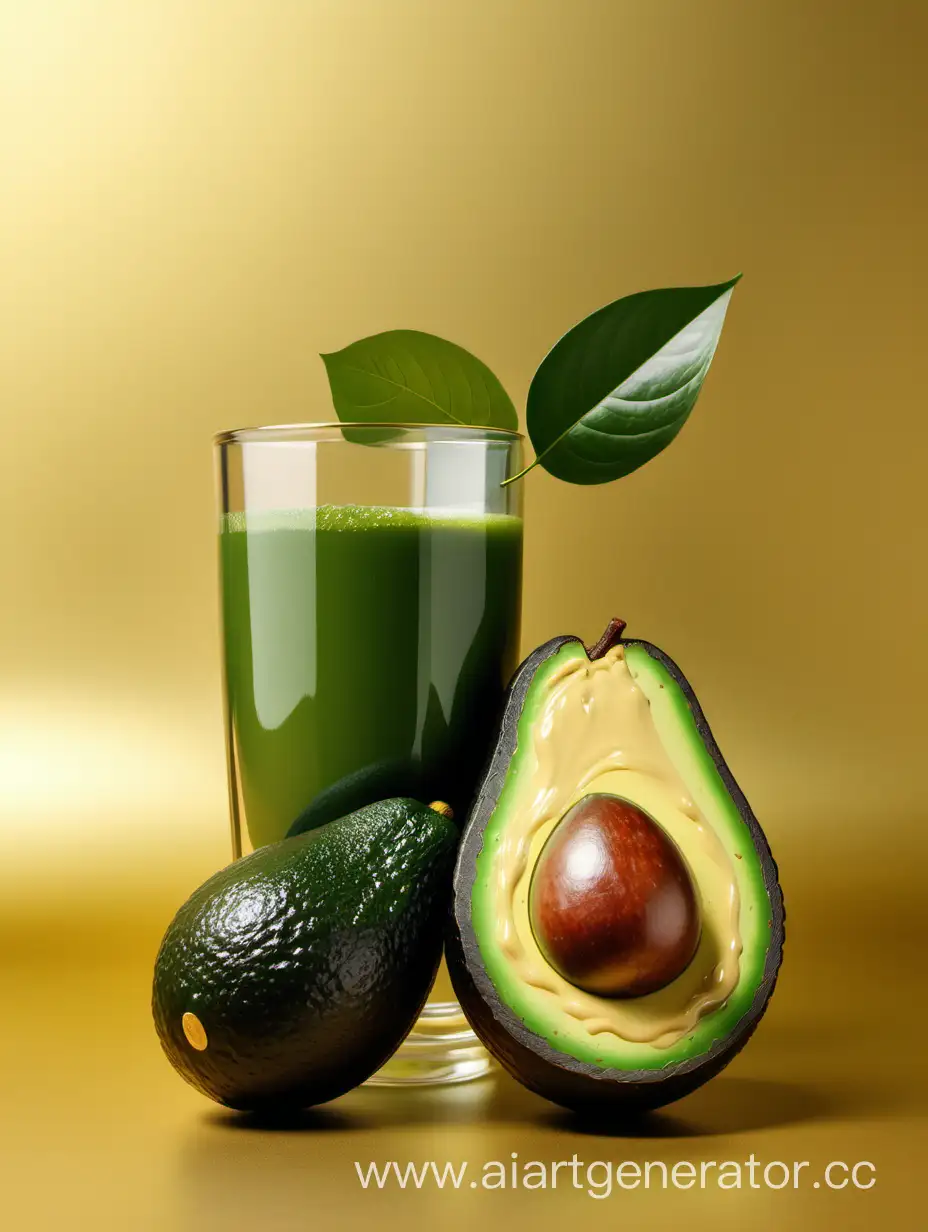 big Avocado with leaves juice glass on gold background background