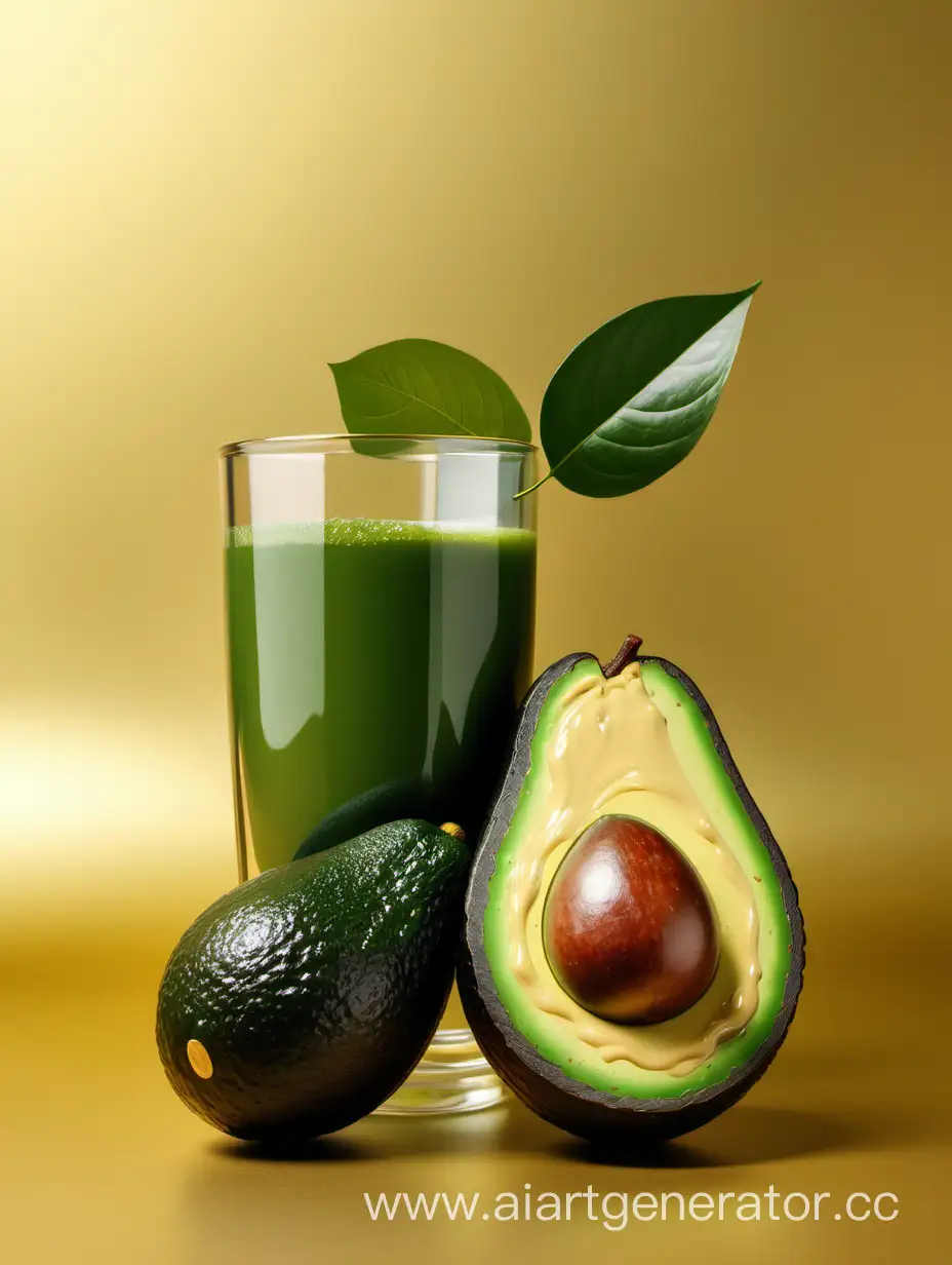 Ripe-Avocado-and-Fresh-Juice-on-Luxurious-Gold-Background