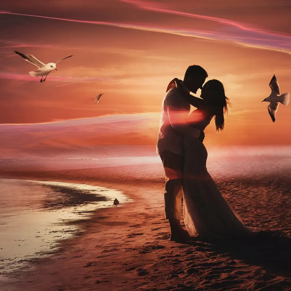 A couple embracing on a beach at sunset, silhouetted against the sky.