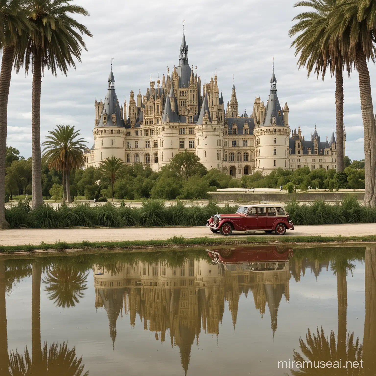 Desert Oasis with Palm Trees and Chateau de Chambord