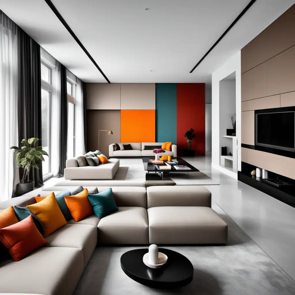 hochmoderner architektonischer wohnraum mit colourblocking inneneinrichtung in neutralen farben 