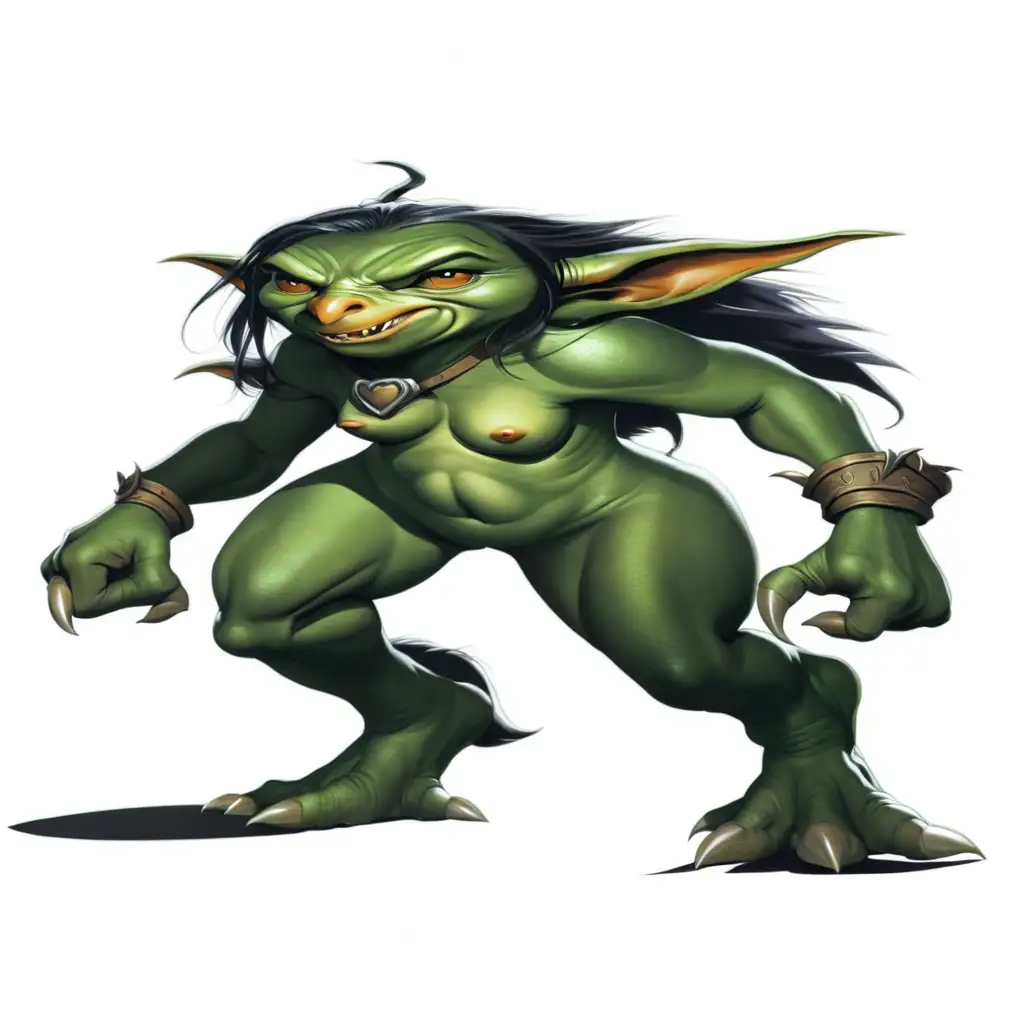 Only add breasts and vagina to the female goblin in the original picture, keeping the rest unchanged, full body image，full-length picture