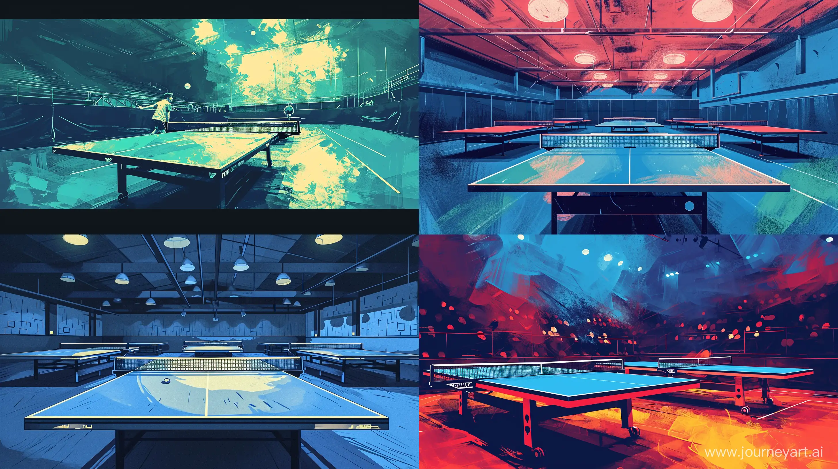 illustration of a table tennis arena, monochrome color, vibrant --ar 16:9  