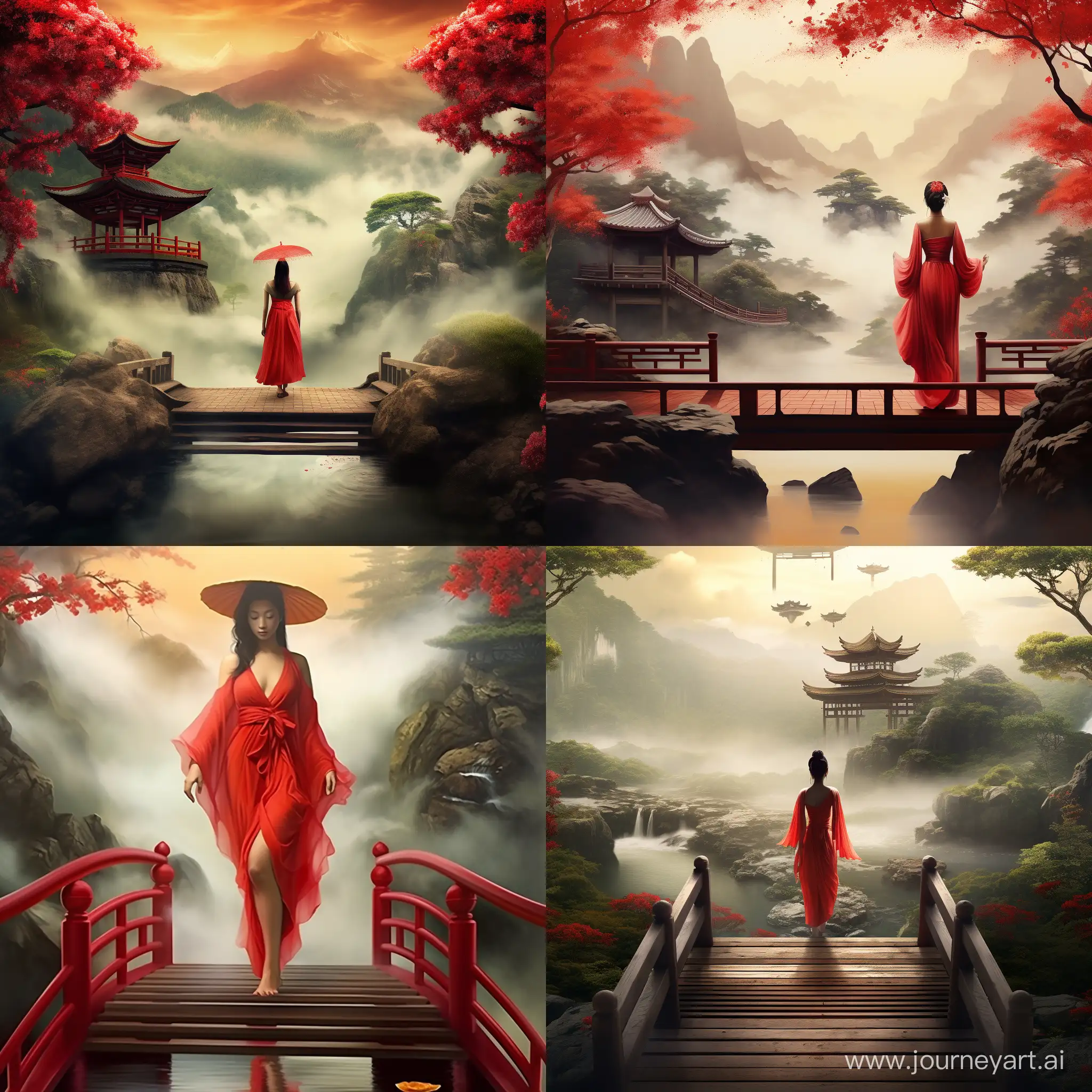 Japanese geisha in red dress wearing Japanese shoes with yellow umbrella standing on red wooden arch bridge over water in garden with Buddhist temple and  mist on top of the mountain  in background