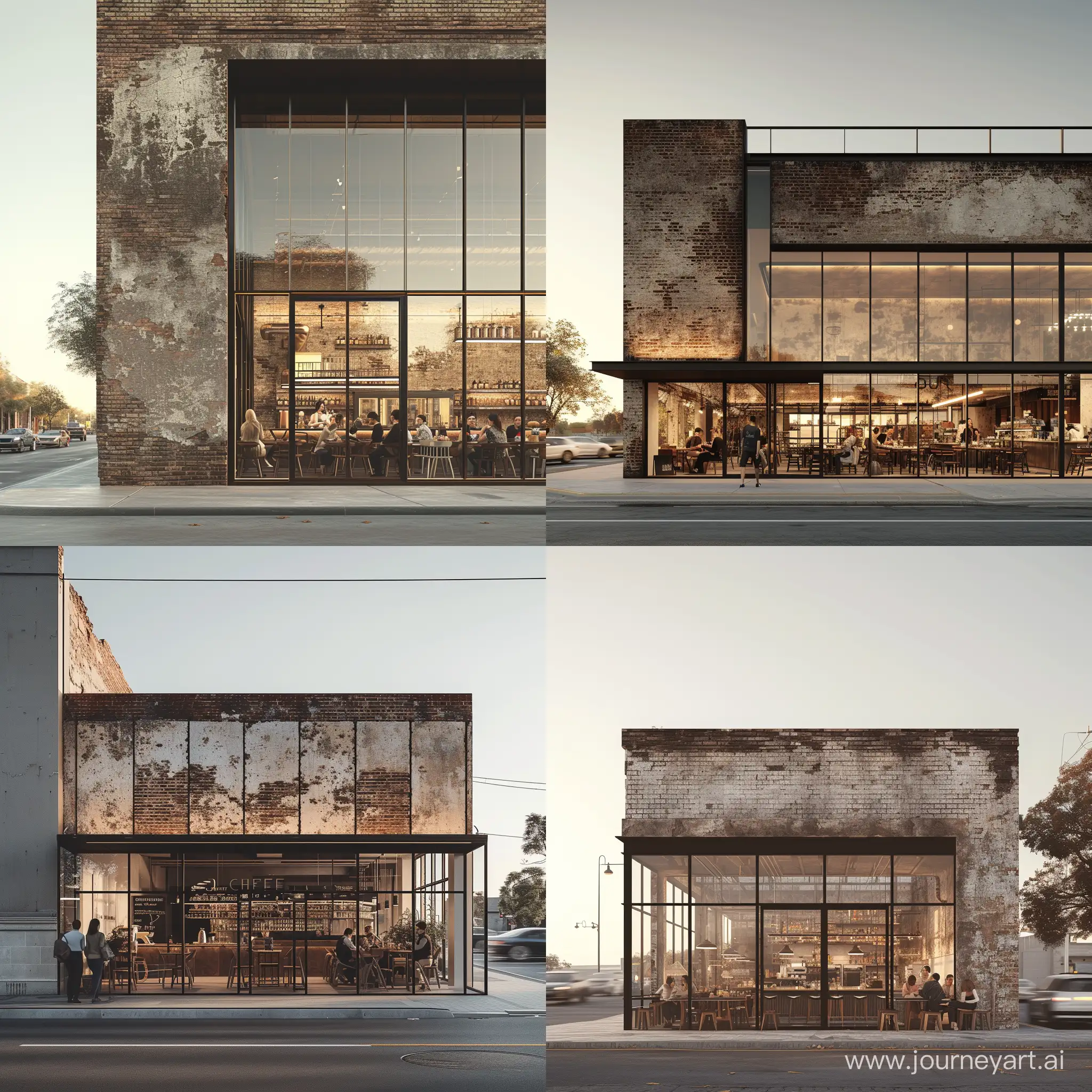 Design a modern and minimalist cafe facade, focusing on the juxtaposition of weathered bricks and expansive glass windows, which reflects a sophisticated blend of historical and contemporary architecture, aim for a shot that captures the essence of the space using a high-end DSLR camera, such as a Canon EOS R5 with a 50mm f/1.2 lens, ensuring the image is bathed in the soft, natural light of a clear afternoon sky, to accentuate the clean lines and minimalist design elements, the final image should be ultra-realistic 16K resolution with many details, showcasing a few patrons enjoying the ambiance, without any cars or pedestrians to maintain a clear view of the architectural beauty