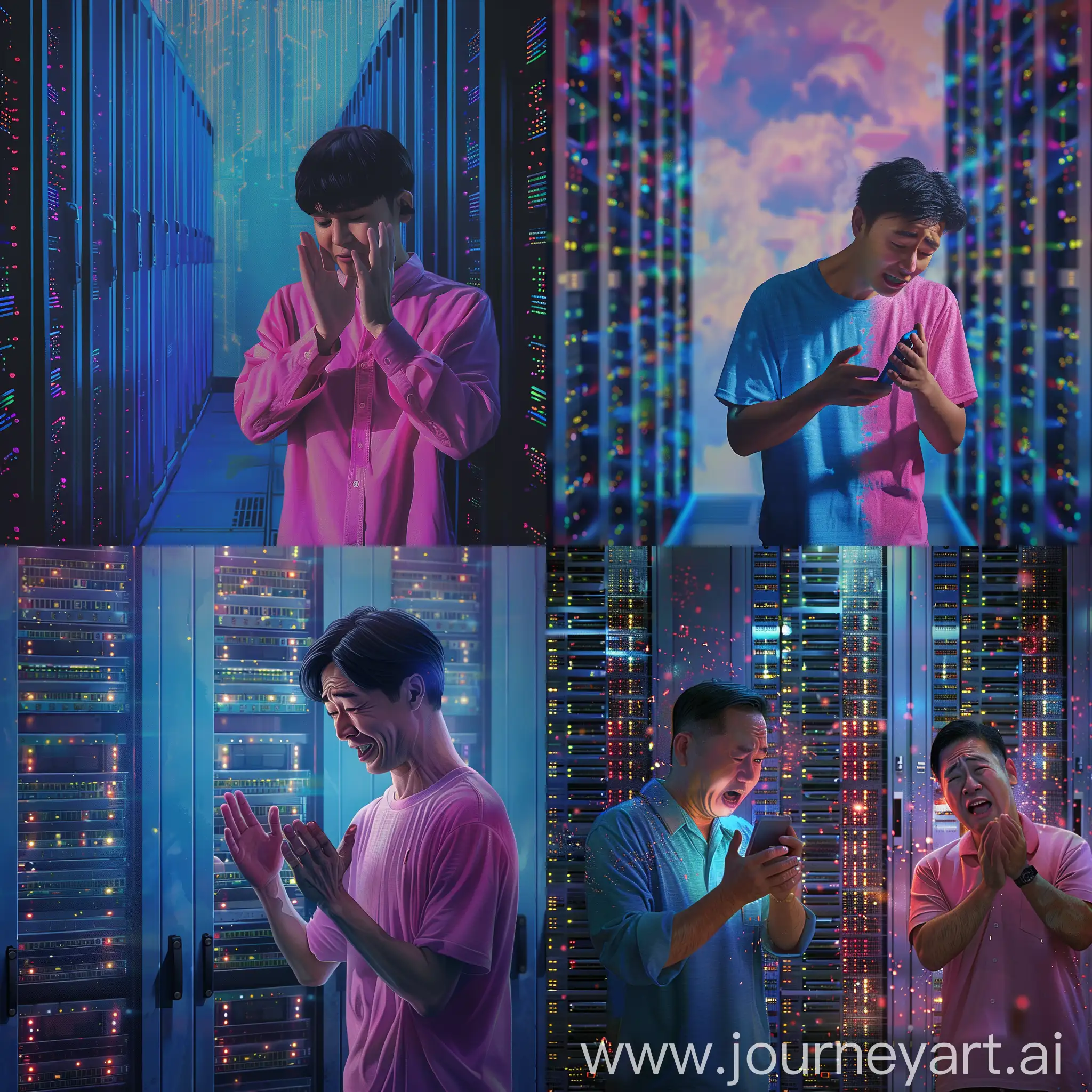 A man wearing blue color shirt, background with computer server's. feeling sad looking at his phone. A huge big wall at the middle, on the right side, an asian man wearing pink colour shirt, clap and cheering. Detailed, real person, HD, Realistic.