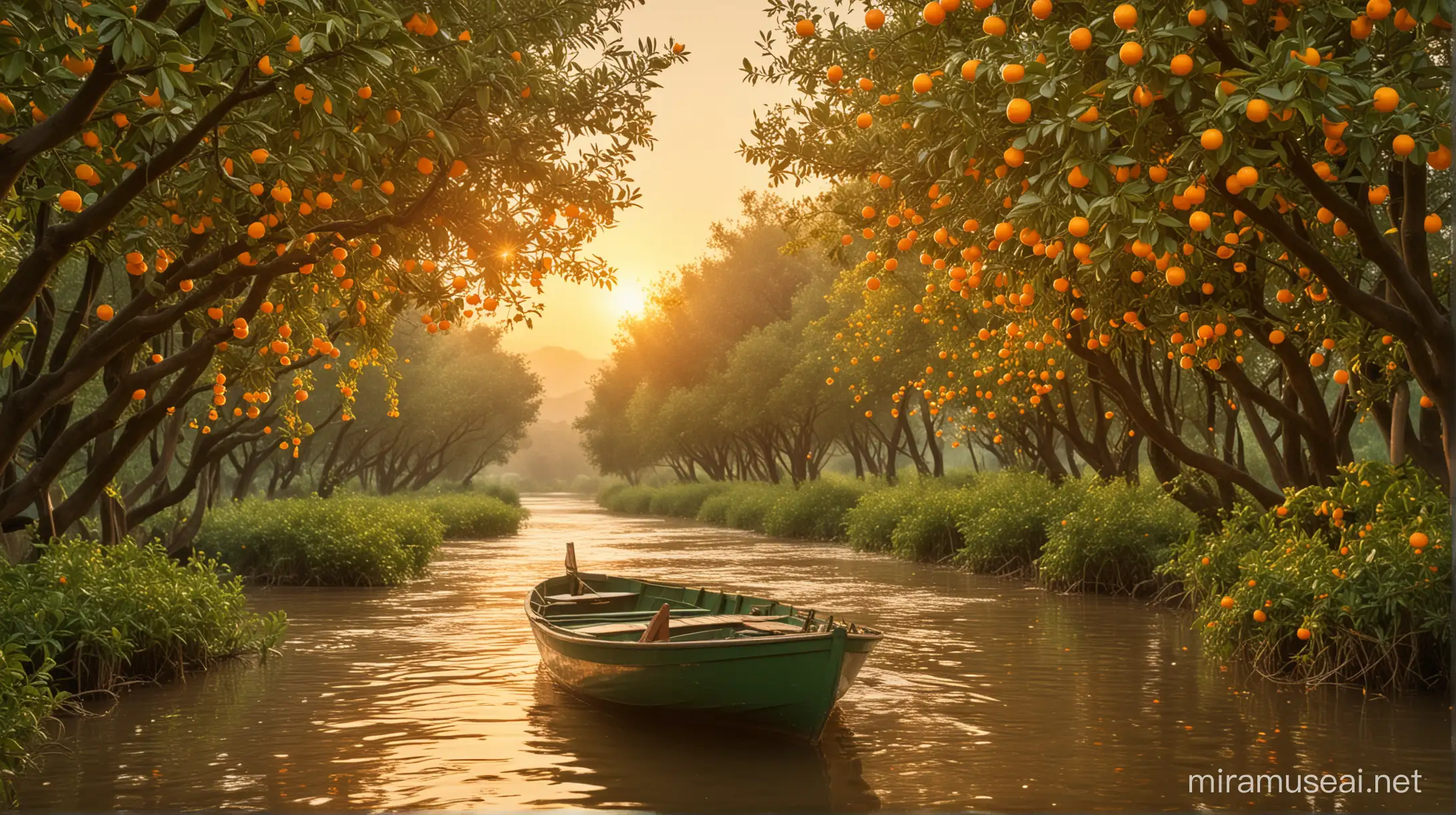 a boat on a river with tangerine trees and marmalade skies and cellophane flowers of yellow and green towering over your head