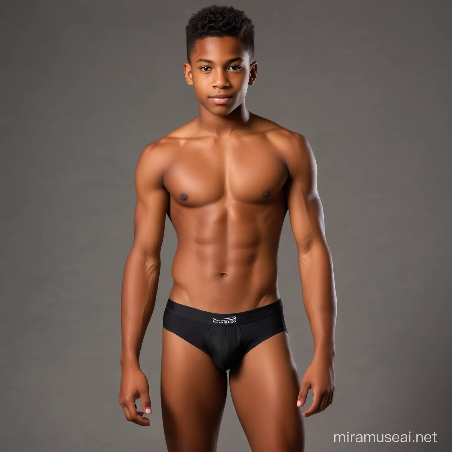 A very young black shirtless muscular teenage boy wearing underware
