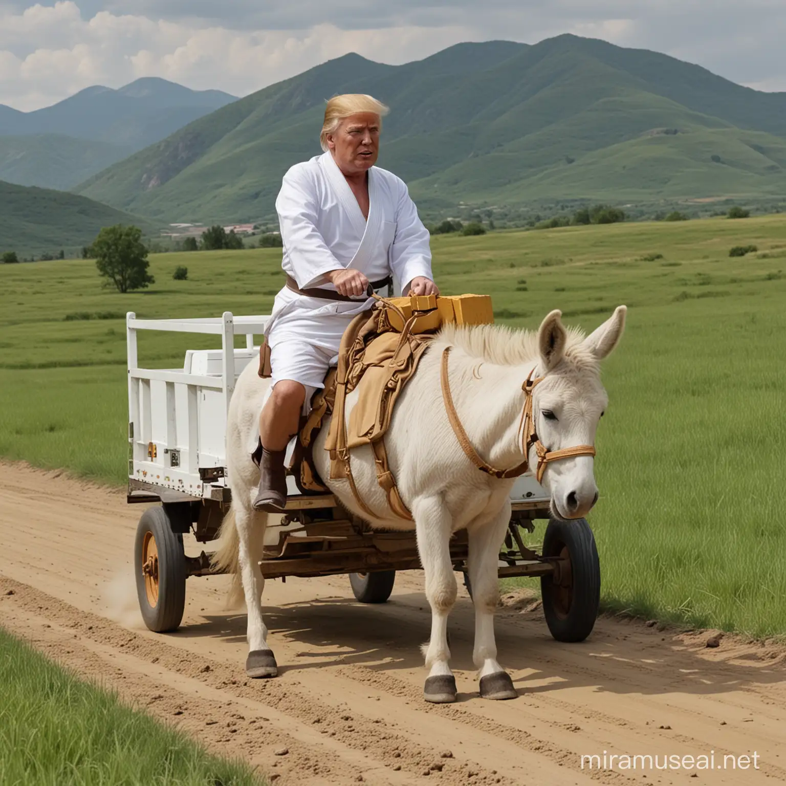 65years old real face donald trump  wear white  Judo attire  driving whitebrown  donkey pull trailer with golden bricks down from moutain 's hole around higher grass,8k,