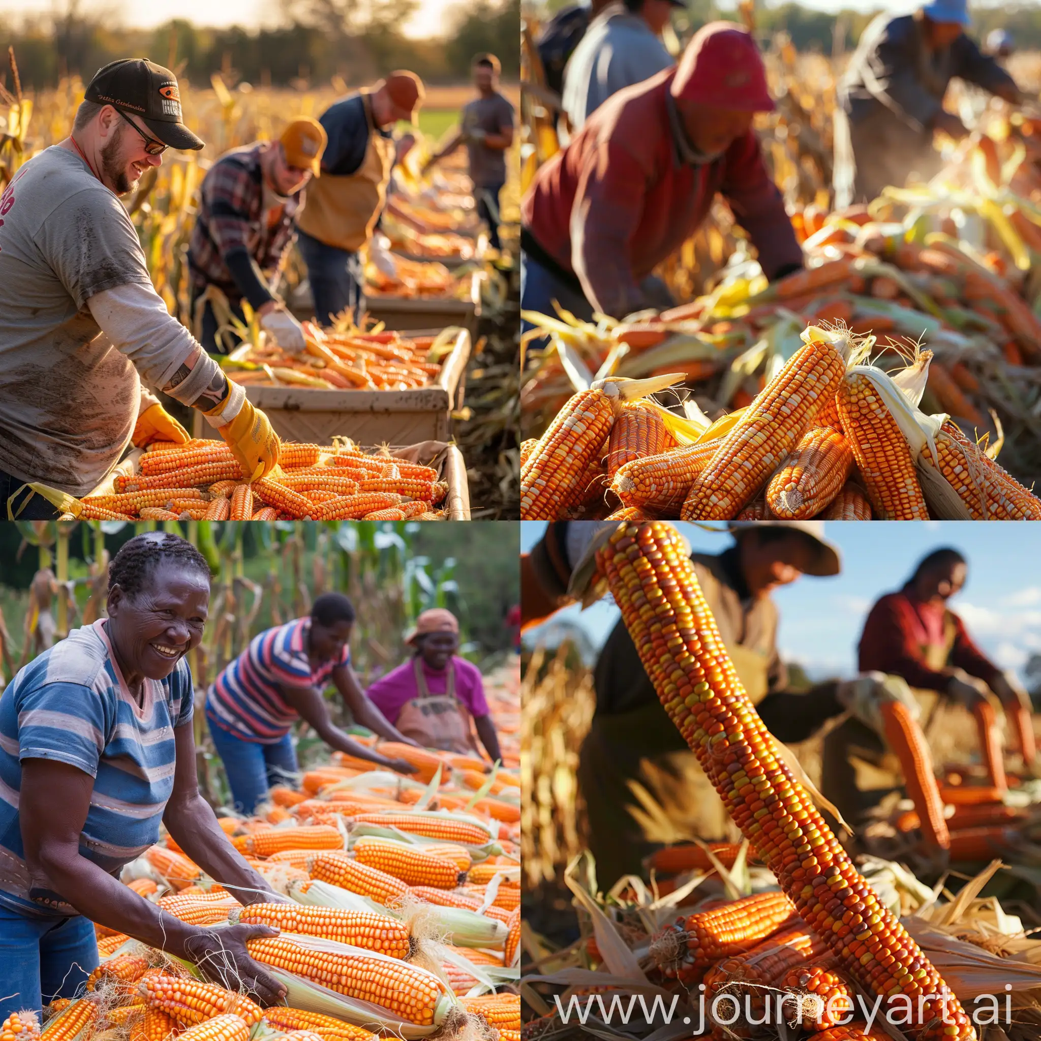 people work harvesting process in the corn field and shows the good orange color corn while smile
