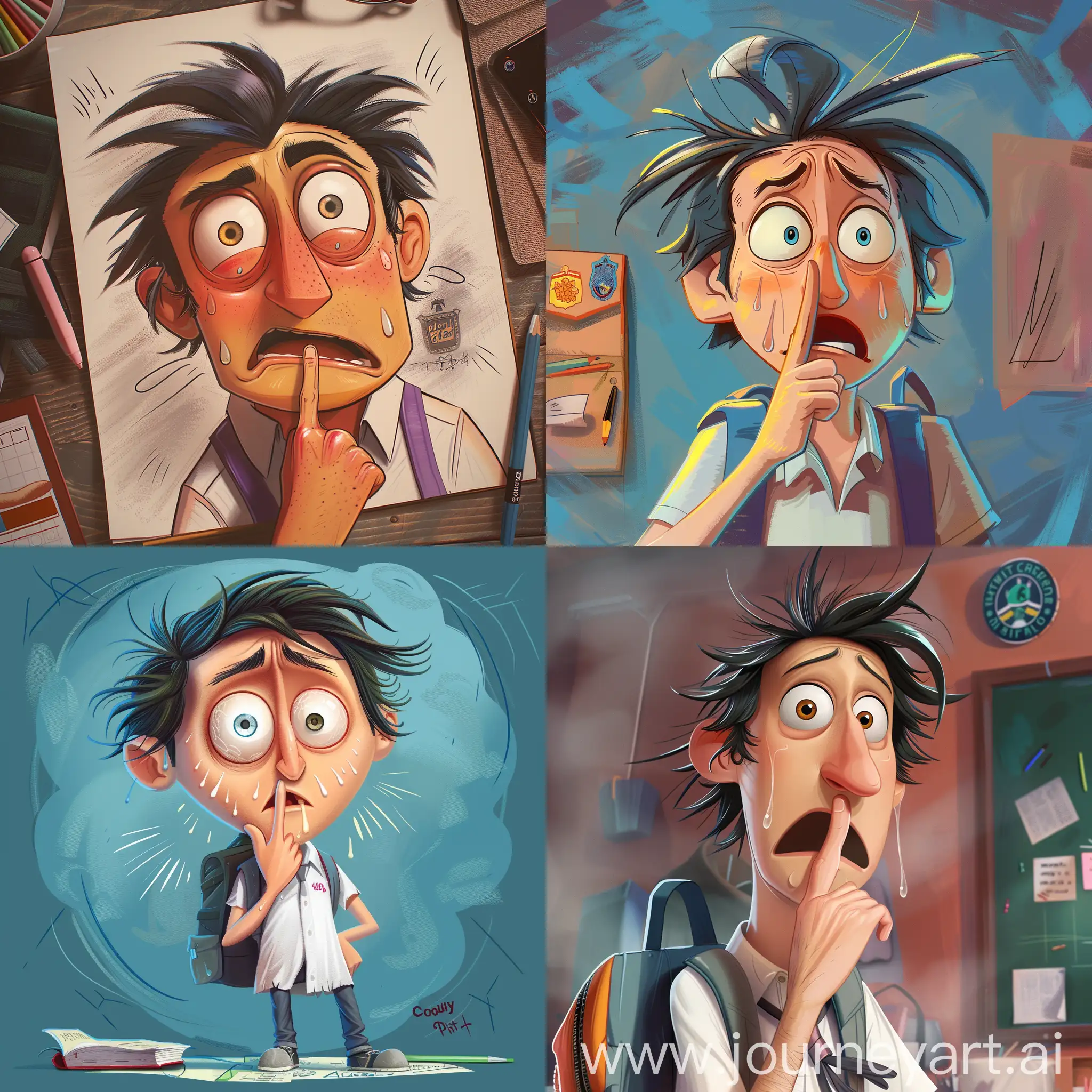 Sketching the Concept: Begin by sketching the character based on the main character from "Cloudy with a Chance of Meatballs" with the described expression and pose. Make sure to include the panicked expression, finger to pursed lips, and furtive glance.
Character Design:
Ensure the character's features resemble the main character from "Cloudy with a Chance of Meatballs" but with the panicked expression and furtive glance.
Add details like sweat beads, widened eyes, and a shushing gesture with the finger.
Incorporate elements that indicate the character is a student, such as a backpack, books, or a school uniform.
Background Detail: Add one small background item that reinforces the character's student status, such as a school crest, a blackboard, or a backpack with books.

Coloring and Shading: Use vibrant colors typical of Disney Pixar animation and add shading to give the illustration depth and dimension. Pay attention to lighting and shadow placement to enhance the character's expression and the overall mood of the scene.
