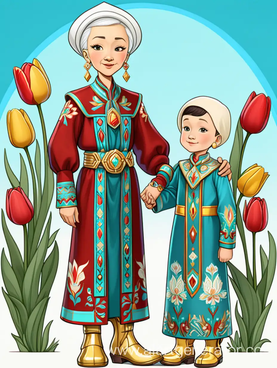cartoon kazakh little boy and grandmother with a bouquet of tulips, kazakhstan ornamental long dress and kazakh ornamental golden earrings and boots, full body, futuristic