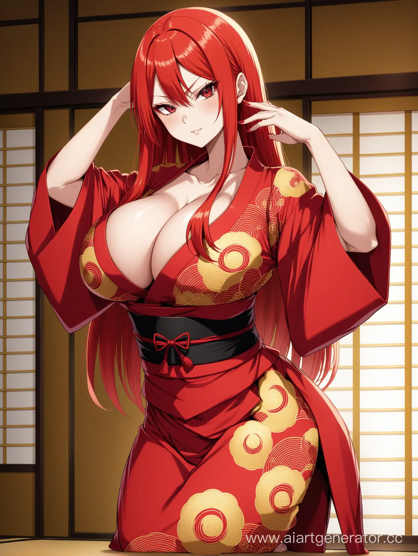 Kushina Uzumaki, blood-red hair, red kimono with golden patterns, huge breasts, big cleavage, seductive pose, Japanese house