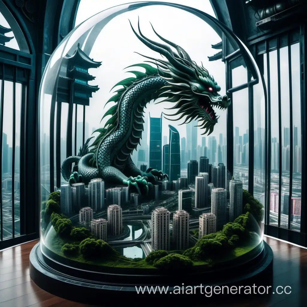 КИБИРпанк китай, китайский дракон, город внутри стеклянного купола, без растений