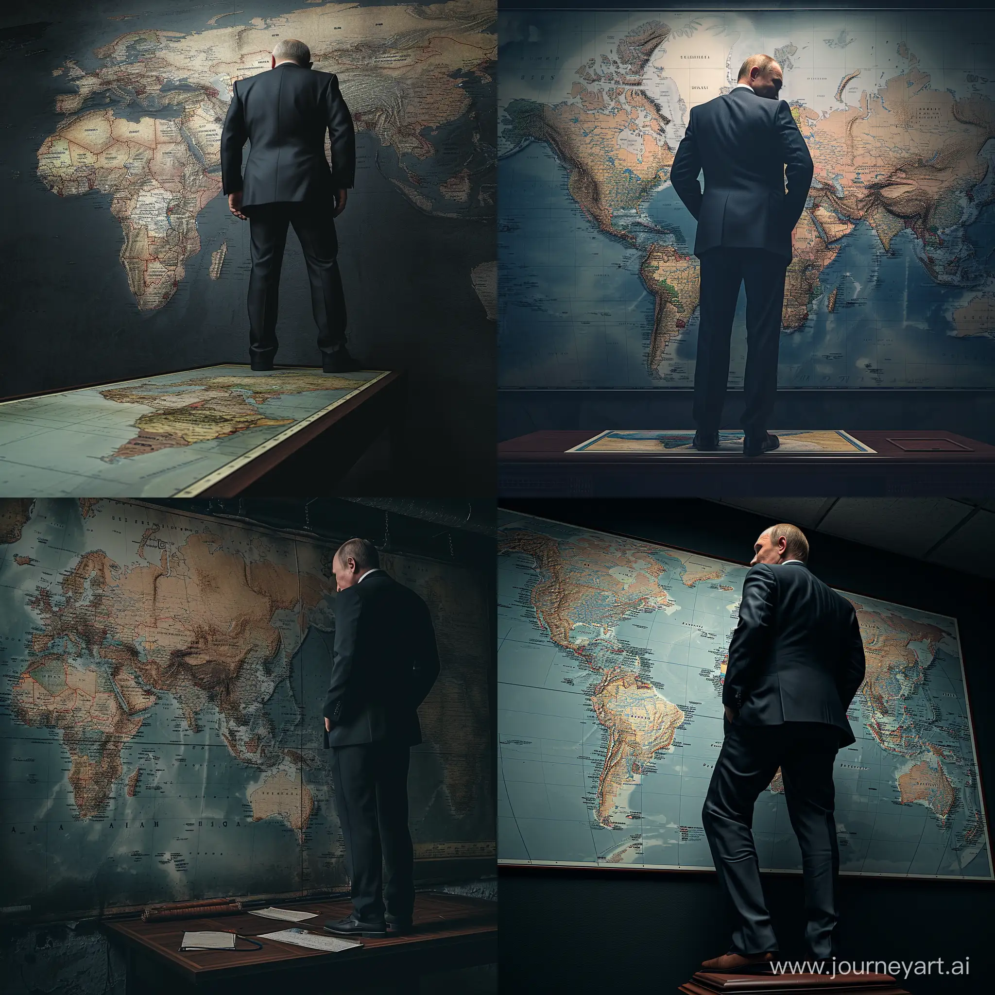 Russian President Vladimir Putin stands on a large wall map of the world in a proud pose, He looks thoughtfully at the map,, view from his back, Portrait 3/4, very dark office, gloomy, impressionism, detailed, professional photography,  realistic lighting, cinematic lighting, 8k, highly detailed, hyper realistic, ray tracing, post processing