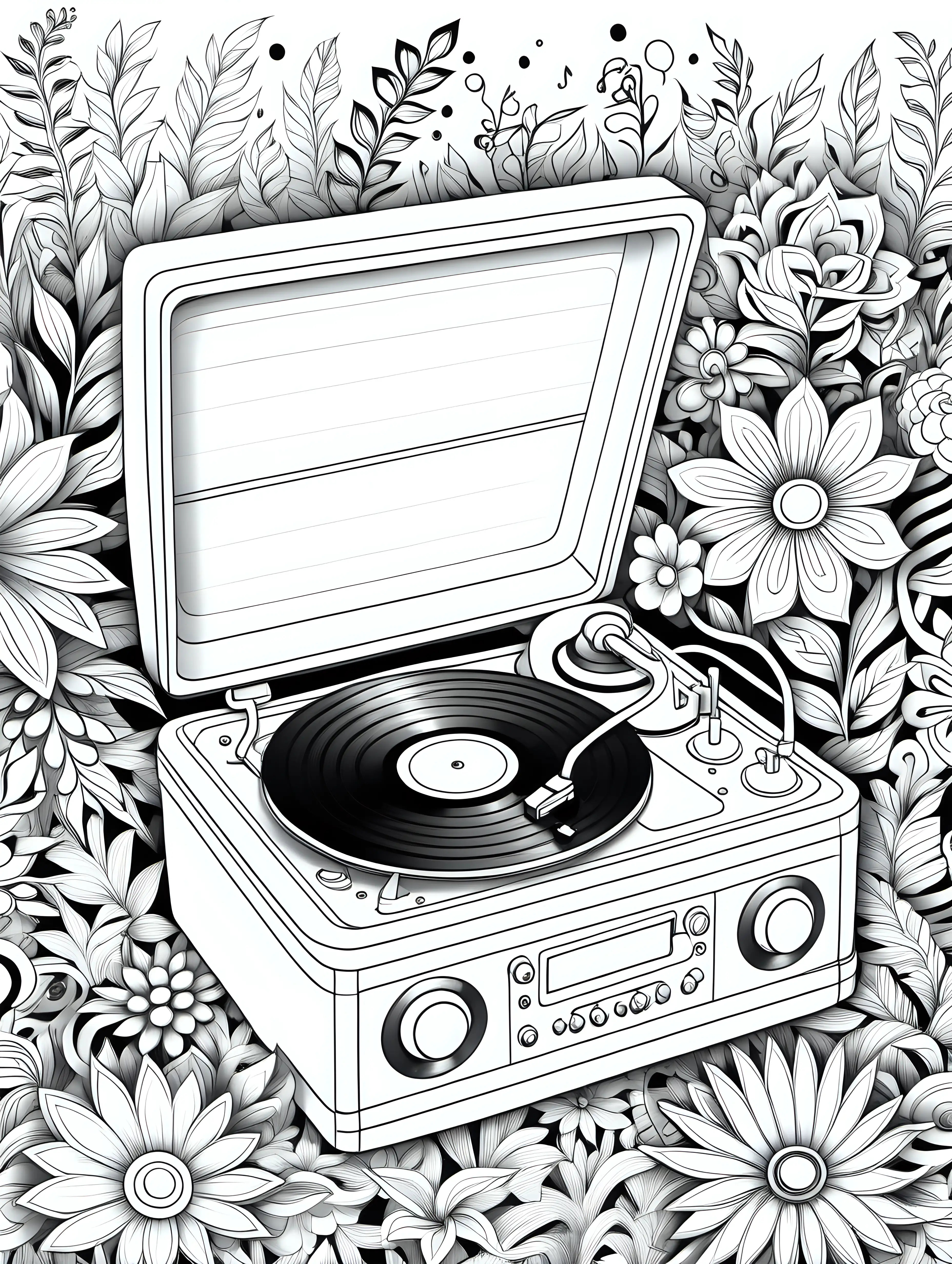 black and white, for a coloring book page, record player, black and white, coloring book page, children's coloring book, doodle floral art background, black and white, no shading, thick black lines, clean edges, full page, color by number