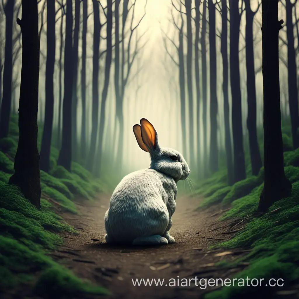 грустный одинокий кролик в лесу