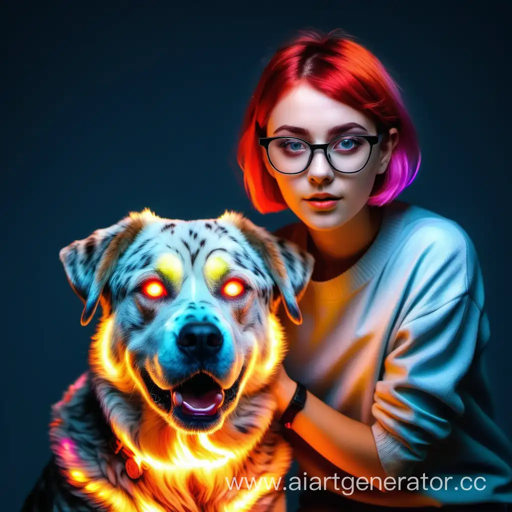Девушка с короткими разноцветными волосами в очках гладит большую собаку с горящими глазами