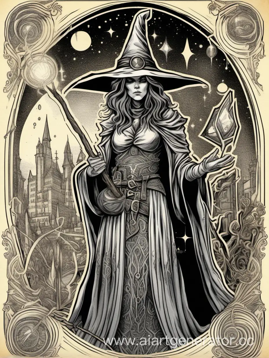 woman wizard , assimetrical, magic rpg card, vintage drawing hiperdetailed, 