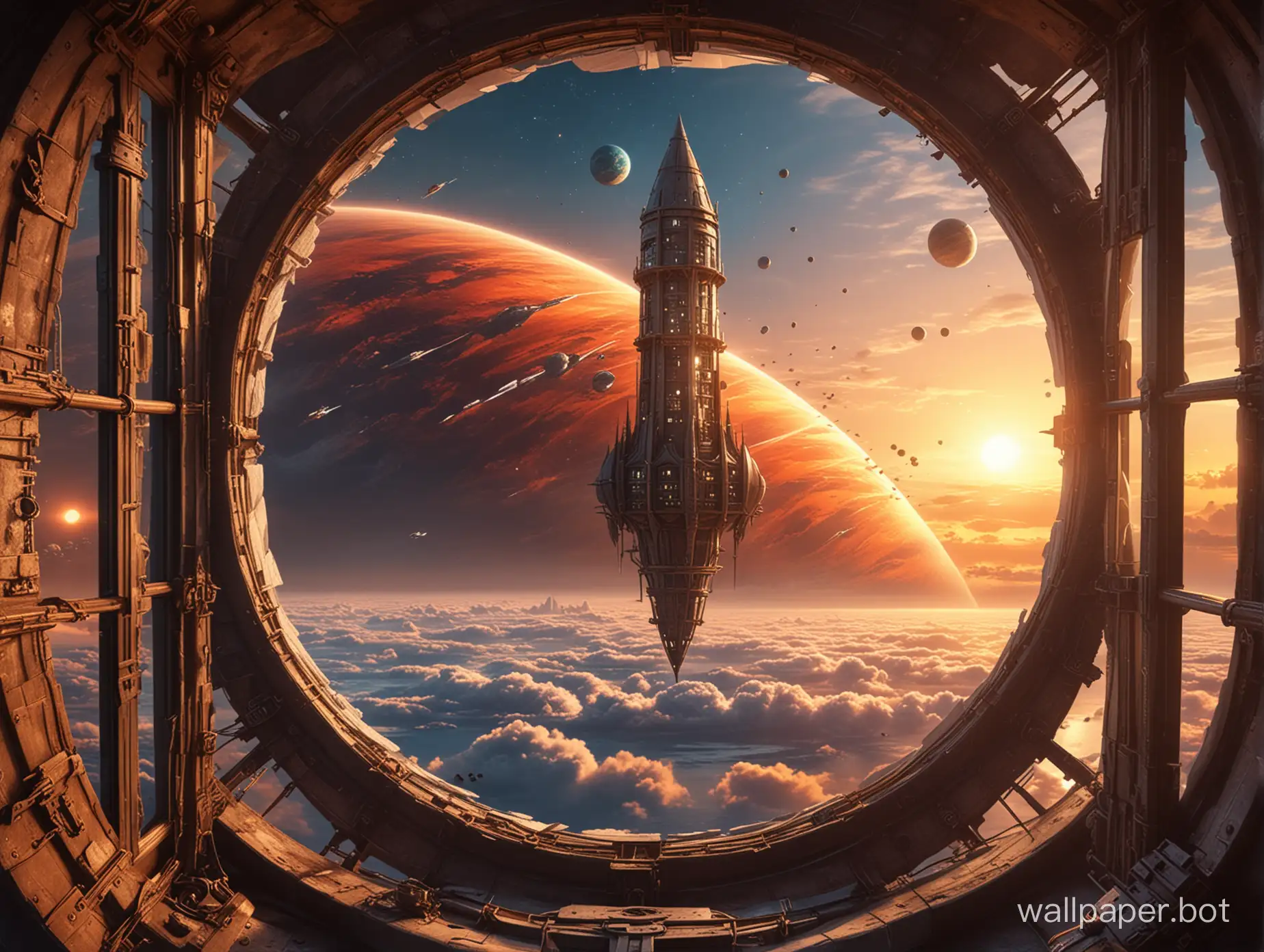 Steampunk-Airship-and-Fantastic-Space-View-at-Sunset