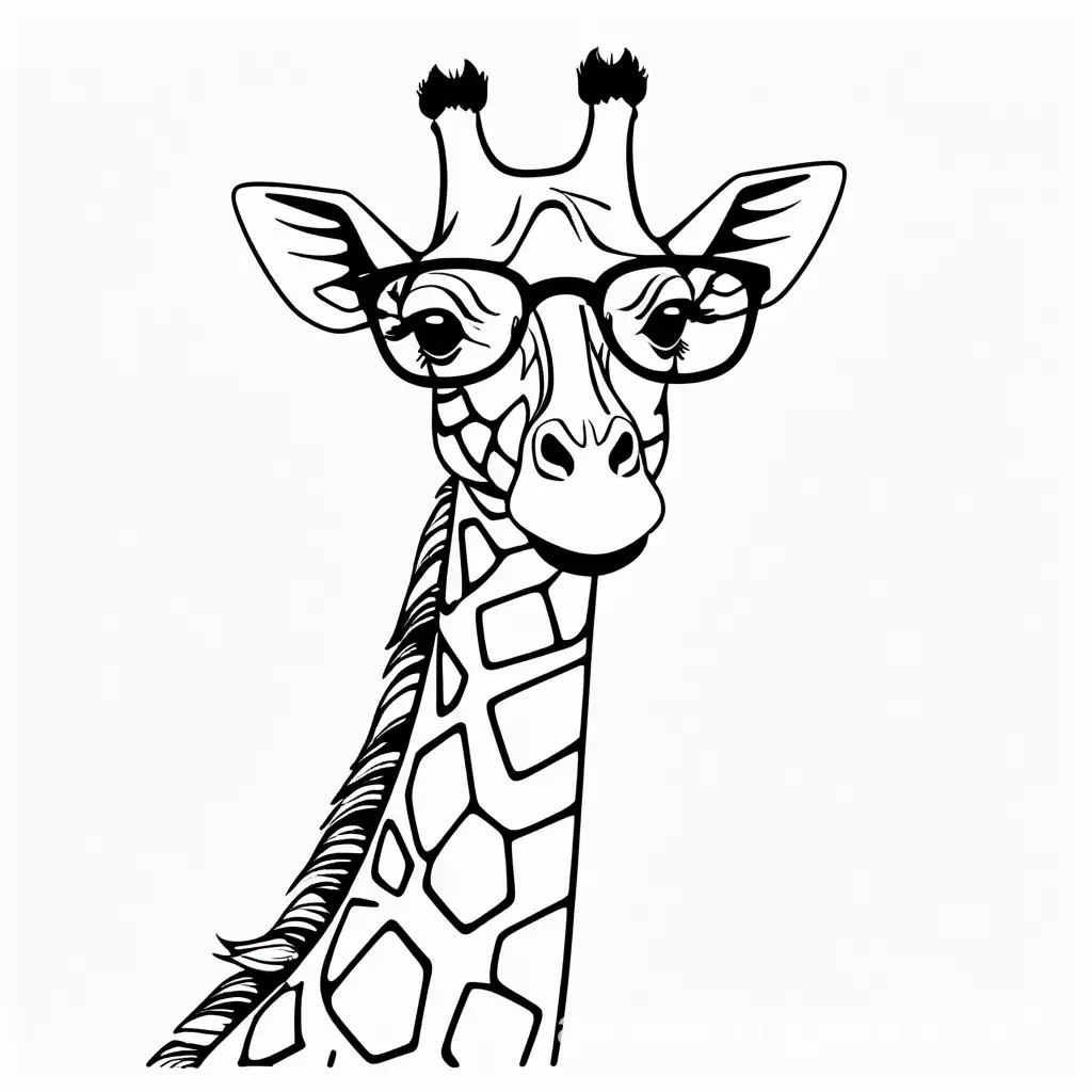 a giraffe wearing glasses , Coloring Page, black and white, line art, white background, Simplicity, Ample White Space. The background of the coloring page is plain white to make it easy for young children to color within the lines. The outlines of all the subjects are easy to distinguish, making it simple for kids to color without too much difficulty