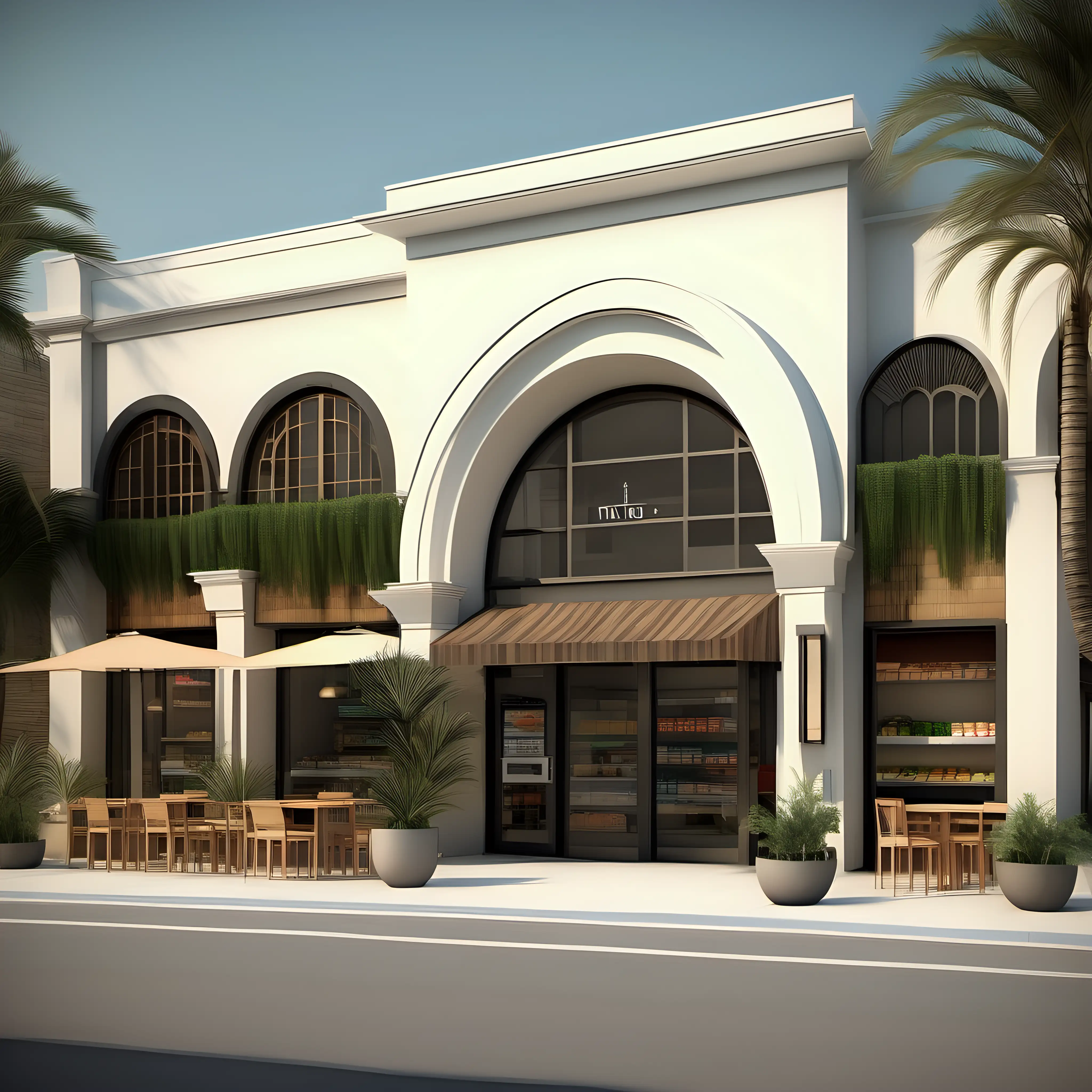 modern Mediterranean style grocery building with a covered arched walkway around the building perimeter, building should be located along a street, building design should mimic the architectural style of Irving gill, include palm tree landscaping, exterior dining areas using wooden tables and chairs, building to minimalist modern details, building should be tall single story, windows to be arched