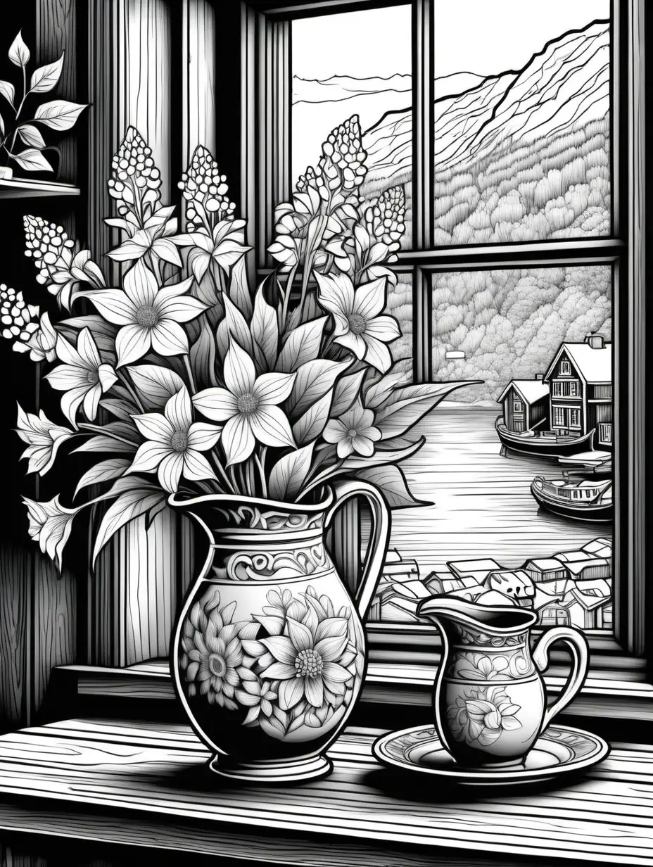 black and white, 2D vector drawing, adult coloring book style, highly detailed, focus on flower arrangements with norwegian flowers in a simple ceramic pitcher, norwegian decorative items, vase sitting on a rough-hewn wooden table in front of a window, window scene includes fjord