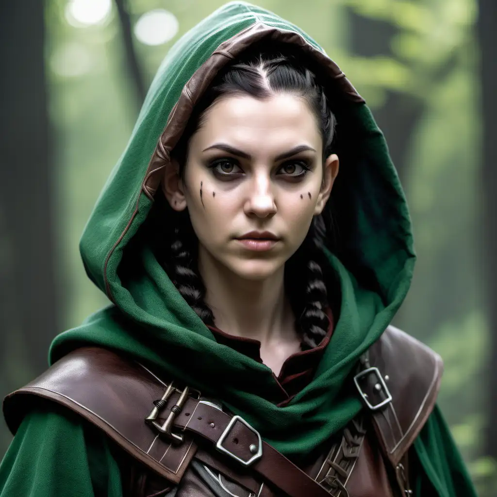 Cecilia , in her 20s is beautiful, dark hair. Dark eyes, fierce look. Half-elf bard for dungeons and dragons game. Has hair in a tight bun and braids. Wary and paranoid. Leather armor. Green hooded cloak. Scars around her mouth