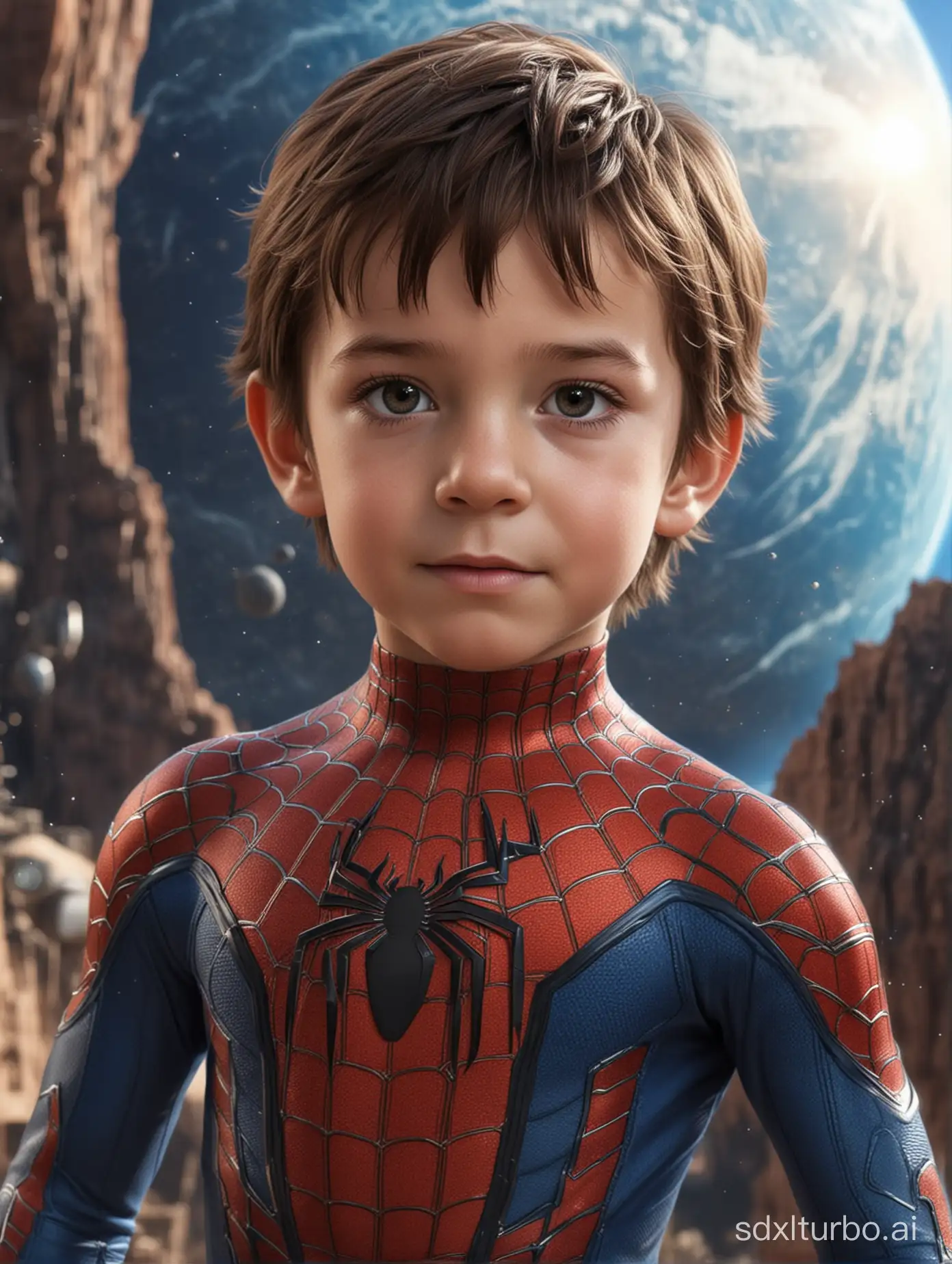 科幻、一个儿童穿着蜘蛛侠的紧身战衣,能看到五官和头发，背景是蓝色星球，