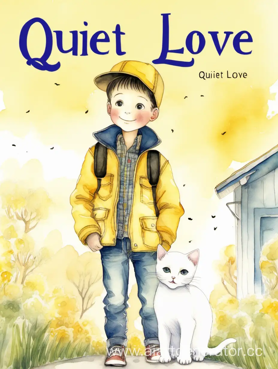 Обложка для книги под названием "тихая любовь". По средине стоит мальчик, у него на руках белый котенок. Мальчик рад. Он одет в жёлтую куртку, шапку, джинсы. Мягкая акварель