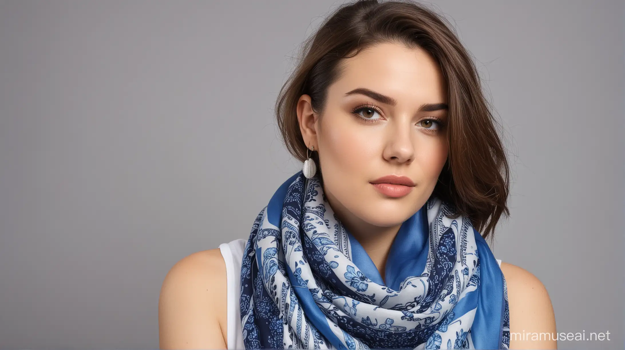 curve size women with blue shiffon scarf