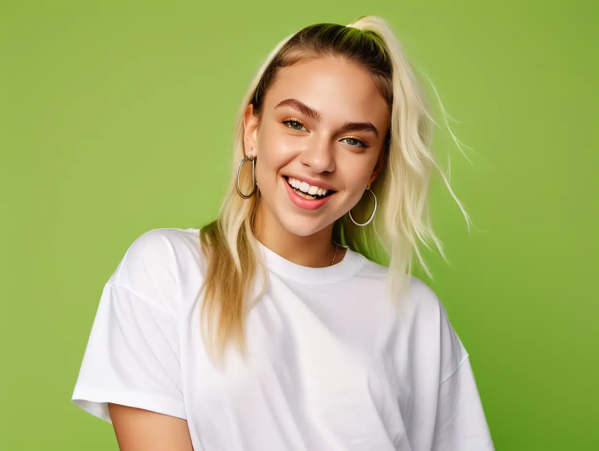 a bright and fun photograph of a caucasian female. lime-green background. hip-hop vibes. Wearing plain-white shirt. 