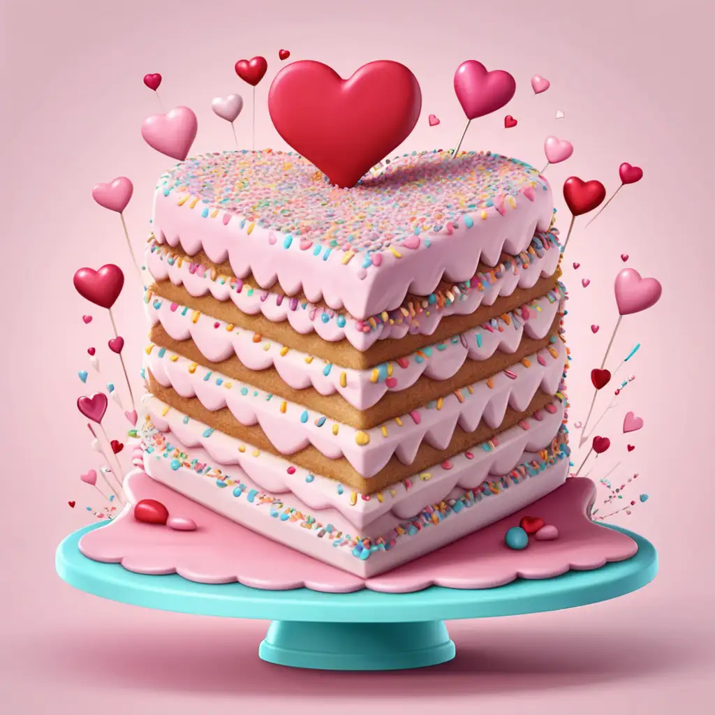 fantasy cartoon, an huge adorable cake with heart shaped exagerated frosting and sprinkles,valentine theme