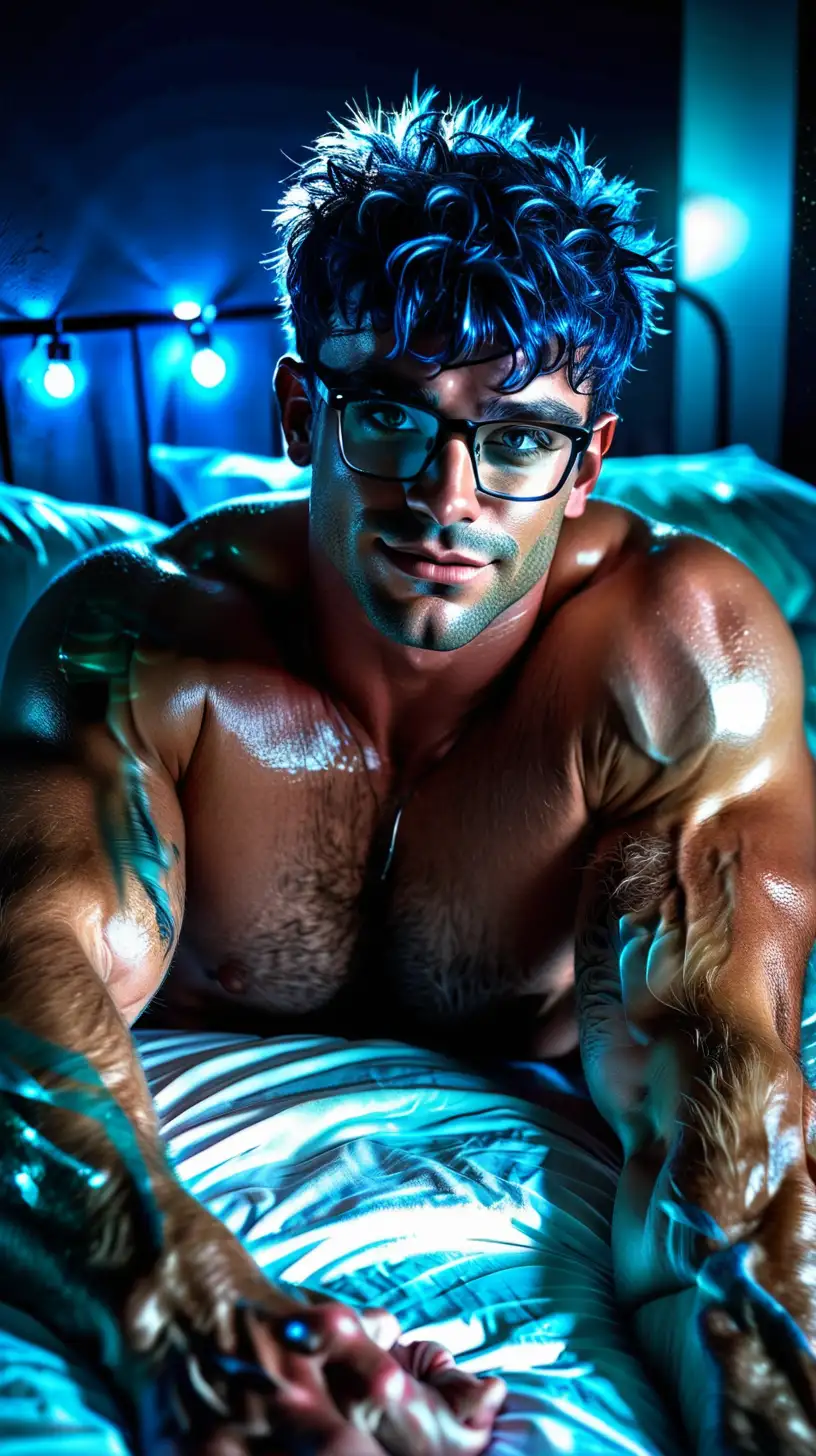 a sweaty naked handsome muscle hunk with short navy blue hair, glasses, aquamarine eyes, stubbles and hairy chest lying on his bed in the afterglow, with arousal , suggestive pose and inviting smile. The lights are dimmed