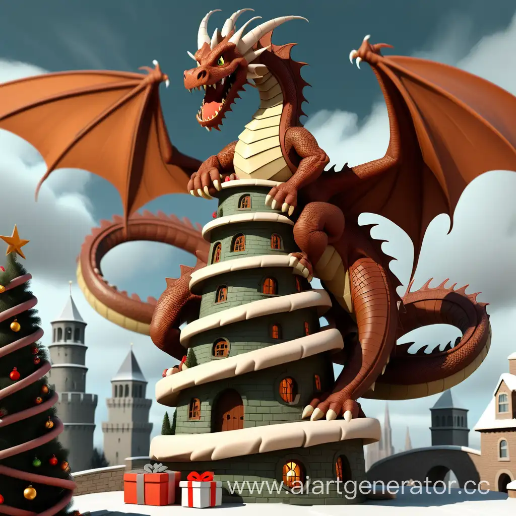 Majestic-Brown-Dragon-Adorns-Tower-in-Christmas-Splendor