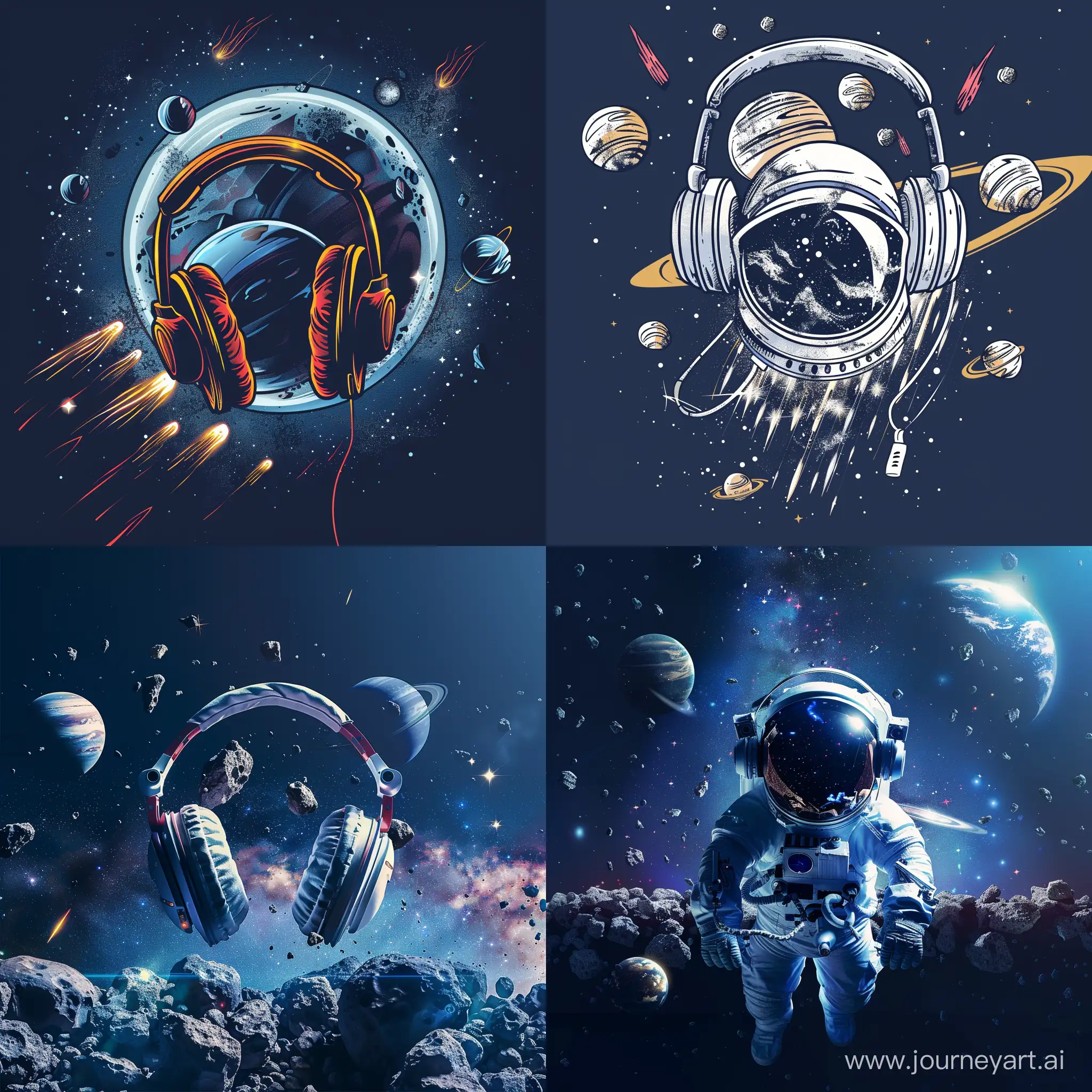 Space-Explorer-in-Dark-Blue-Astronaut-Wearing-Headphones-Amidst-Planets-and-Meteorites