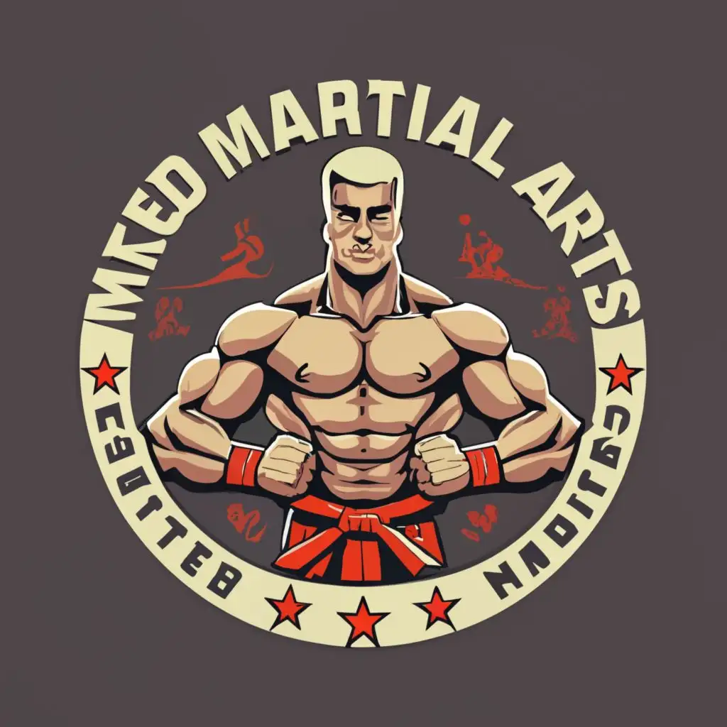 logo, align the exact words "MIXED MARTIAL ARTS LEGENDS" in a circular pattern around a CIRCULAR logo of a karate master, with the text "Mixed Martial Arts Legends", typography, be used in Entertainment industry