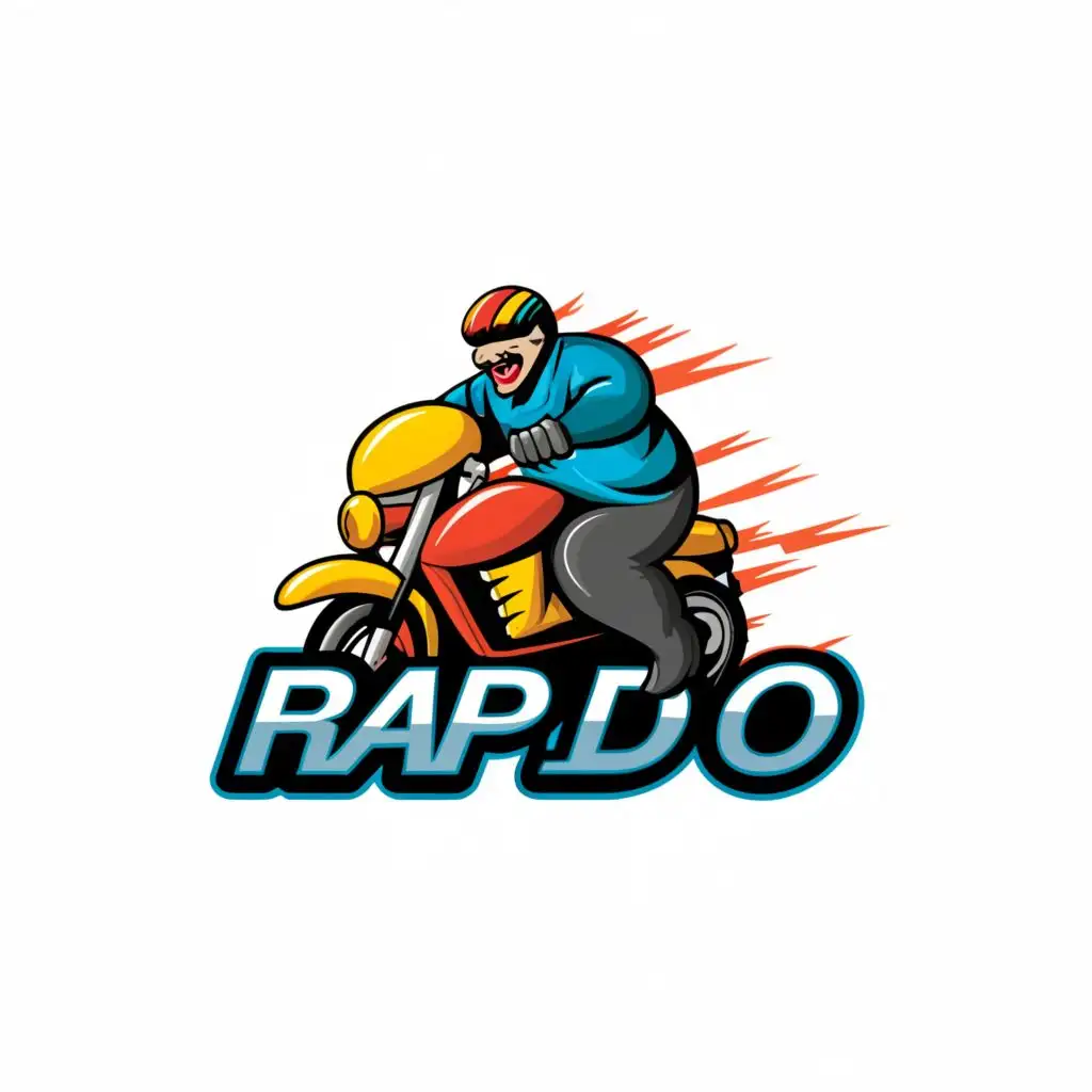 a logo design,with the text "RAPIDO", main symbol:fat human in motorcycle,complex,be used in Automotive industry,clear background