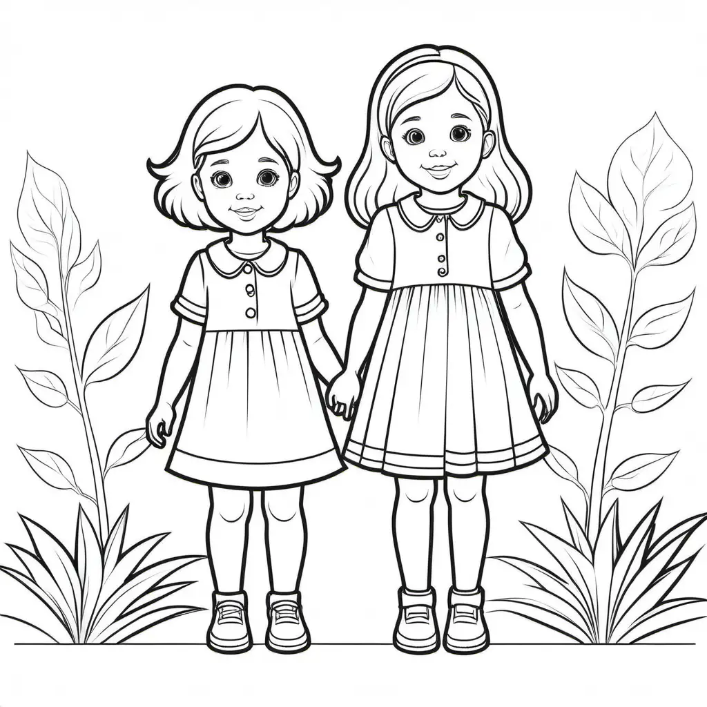 Sisters in Coordinated Outfits Coloring Together in Simple Outlined Book
