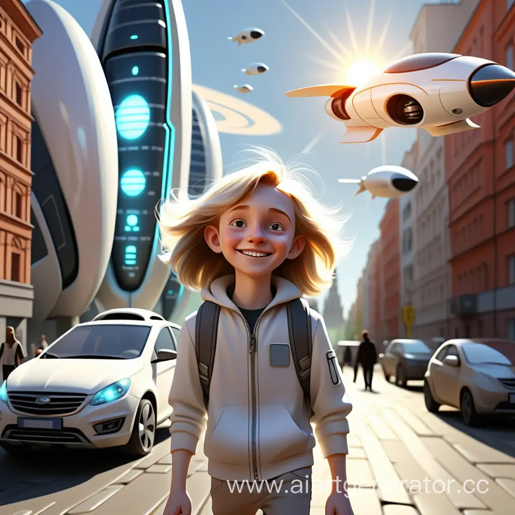 молодой веселый умный белый студент гуляет в городе будущего светит яркое солнце летают автомобили и космические корабли и все счастливы в Москве будущего