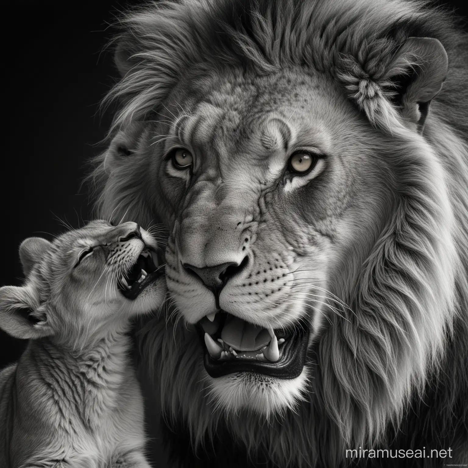 Adult male lion pulling a face at a cub, black background, black and white photo realistic style