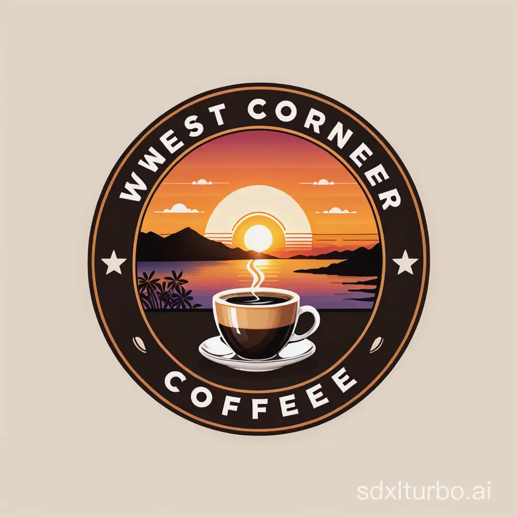 帮我设计一个logo，logo元素有夕阳西下，有角落的元素，关于咖啡店。底部加上West Corner Coffee文字
