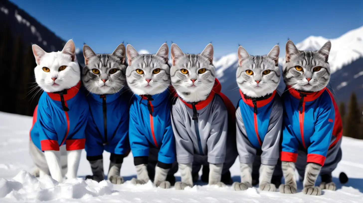 Много серых котов в лыжных костюмах на снегу в горах кувыркаются в снегу 