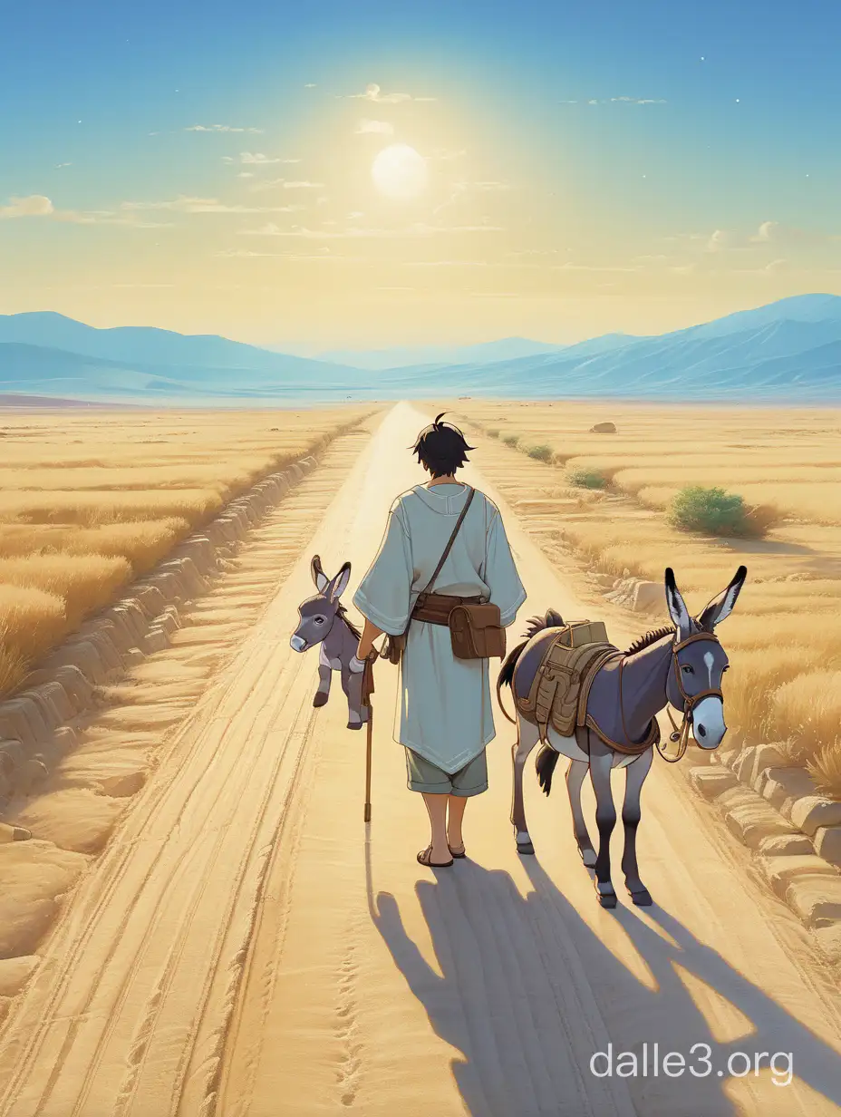 A Samaritan man stands on a dusty road in ancient Judea, his face etched with determination as he begins his journey with his little donkey, golden ratio, fake detail, trending pixiv fanbox, acrylic palette knife, style of makoto shinkai studio ghibli genshin impact james gilleard greg rutkowski chiho aoshima