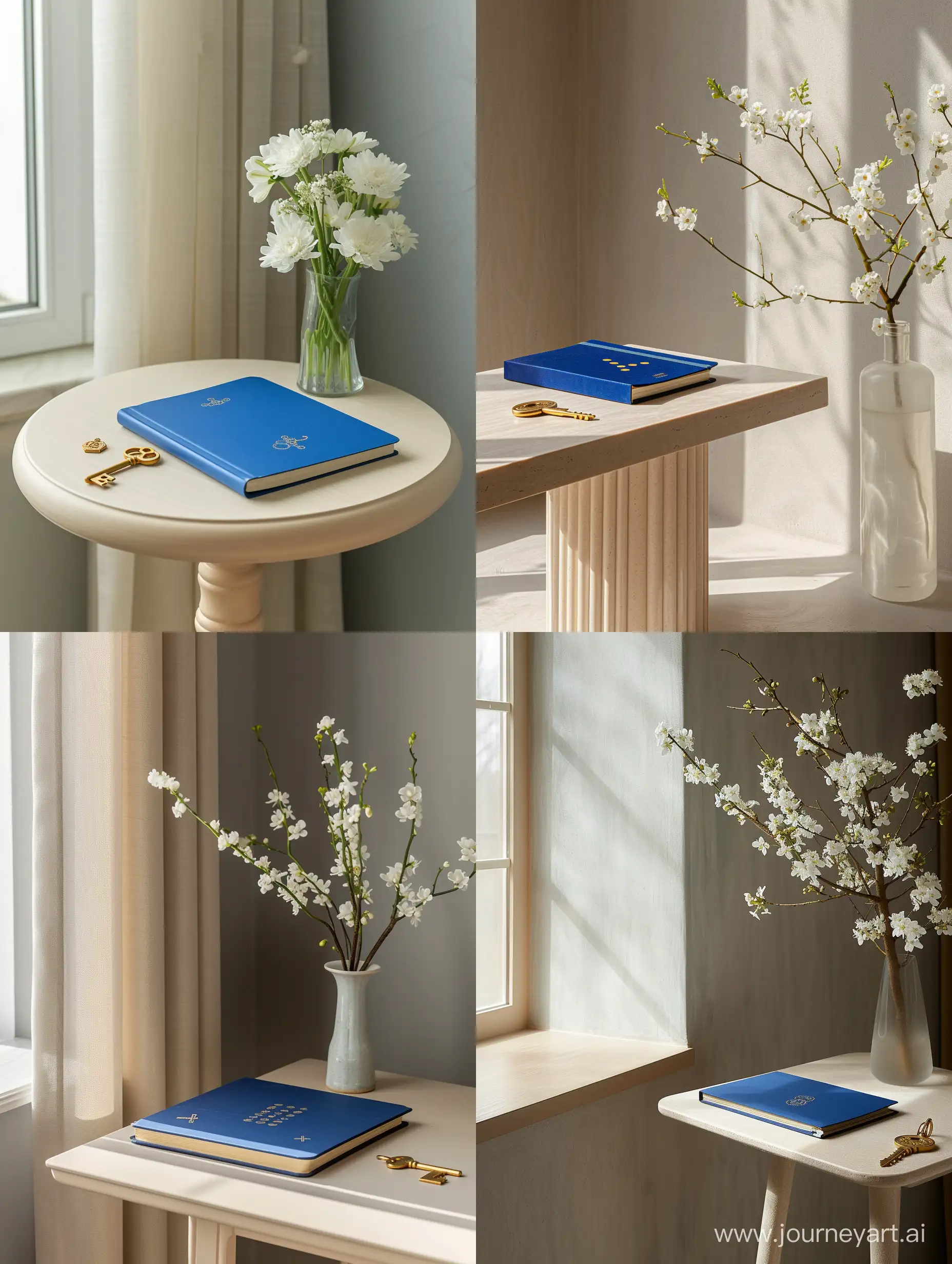 A light-colored table is on it, it stands by the window, there is a blue numerologist's notebook on it, there is a golden key, there are white flowers in a vase. The main background is gray-beige