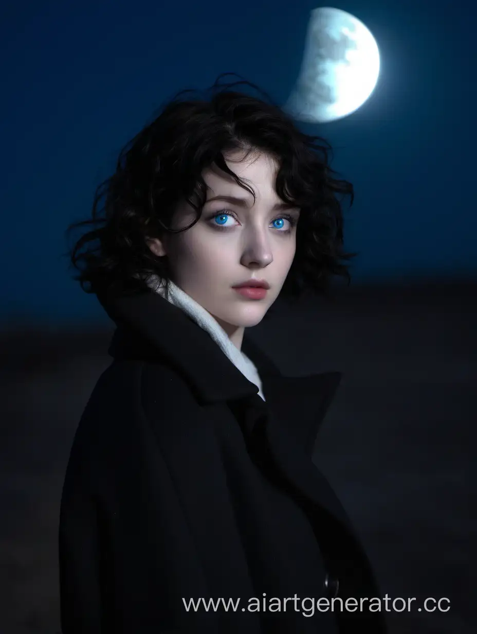 Девушка, чёрные короткие волнистые волосы, чёрное пальто, голубые глаза, ночь, луна, тоска, некрасивая, длинный нос