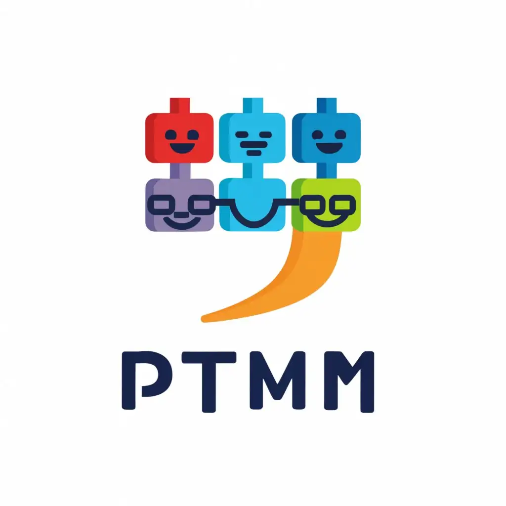 a logo design,with the text 'PTMM', main symbol:speech bubble, head, telling to others, projects, technology, lego bricks, ,Moderate,be used in Internet industry,clear background